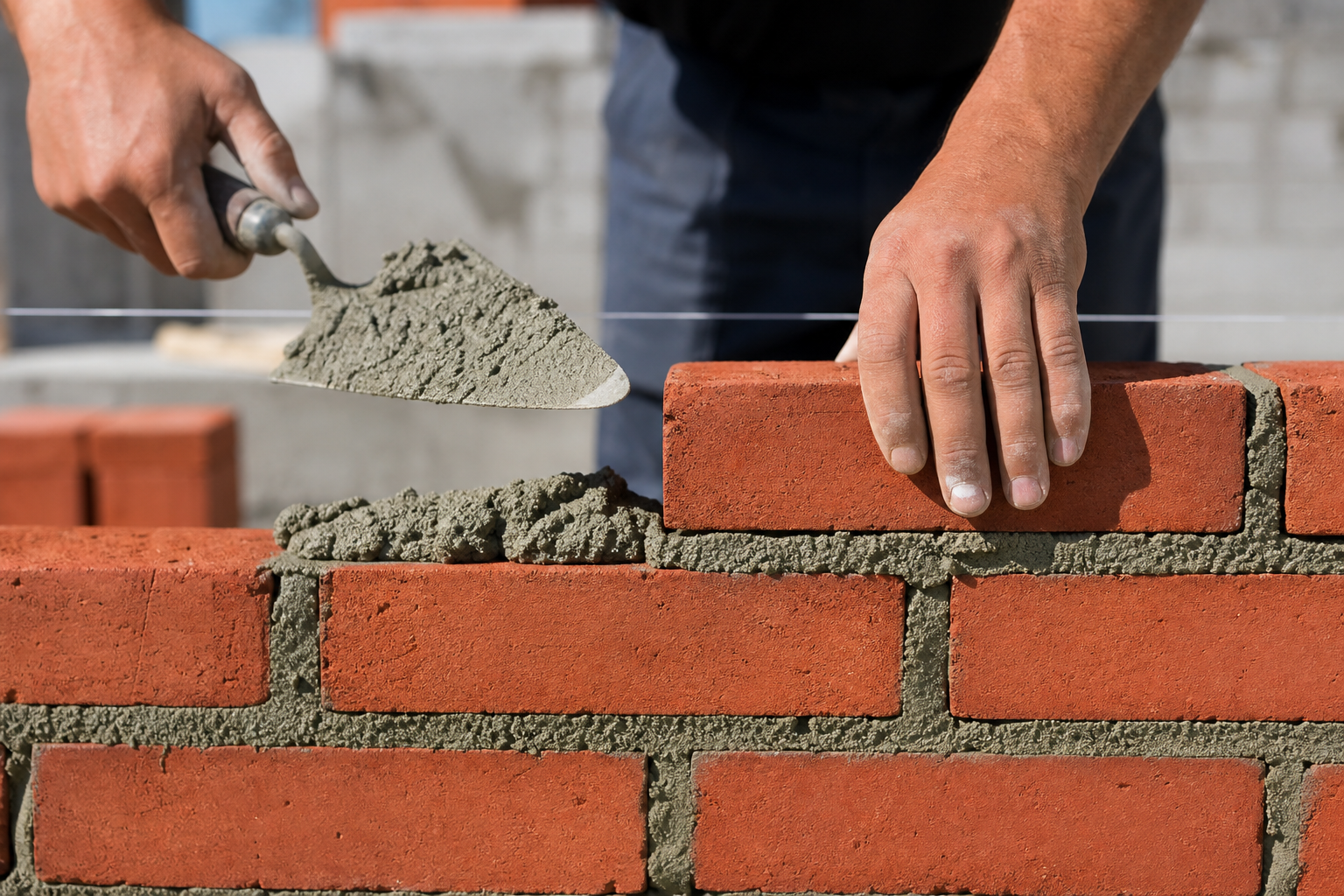 Bricklayer building a brick wall on a construction site